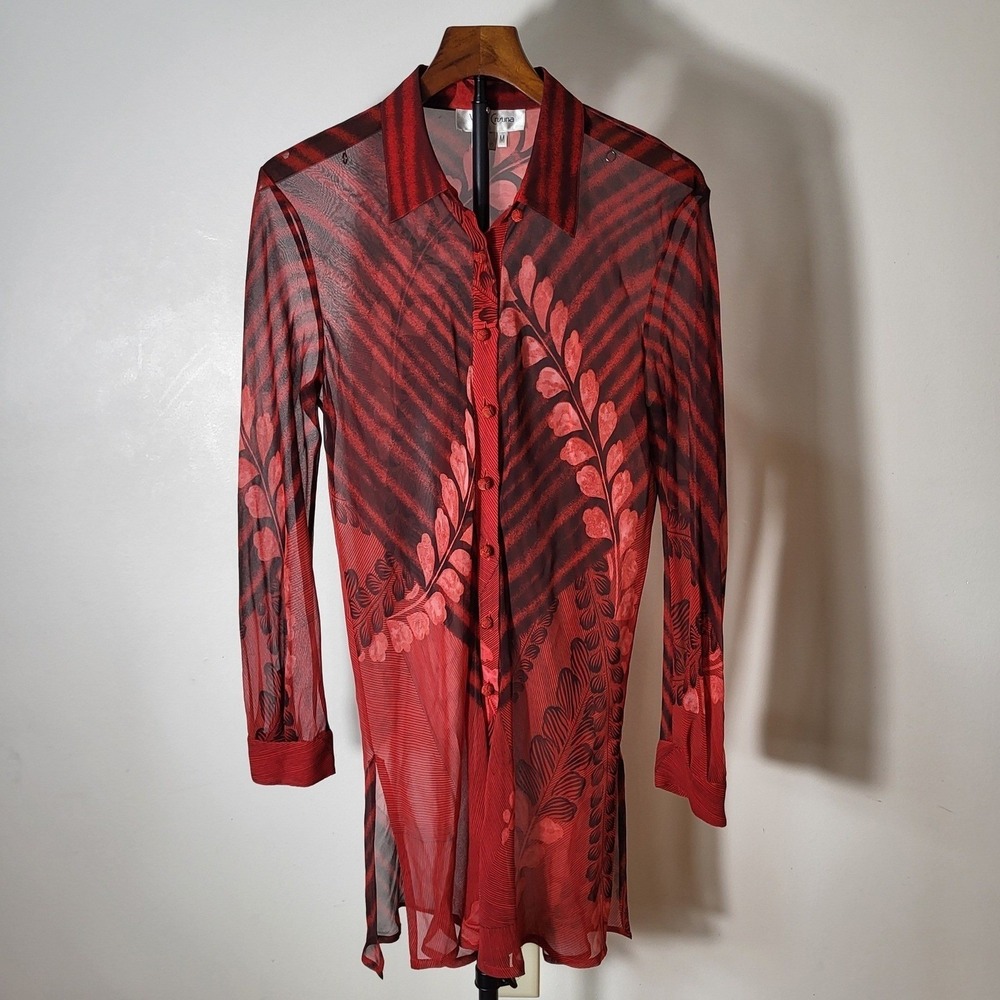 Vera Cristina 100% Silk Sheer Tunic Shirt Botanical Print Knotted Button